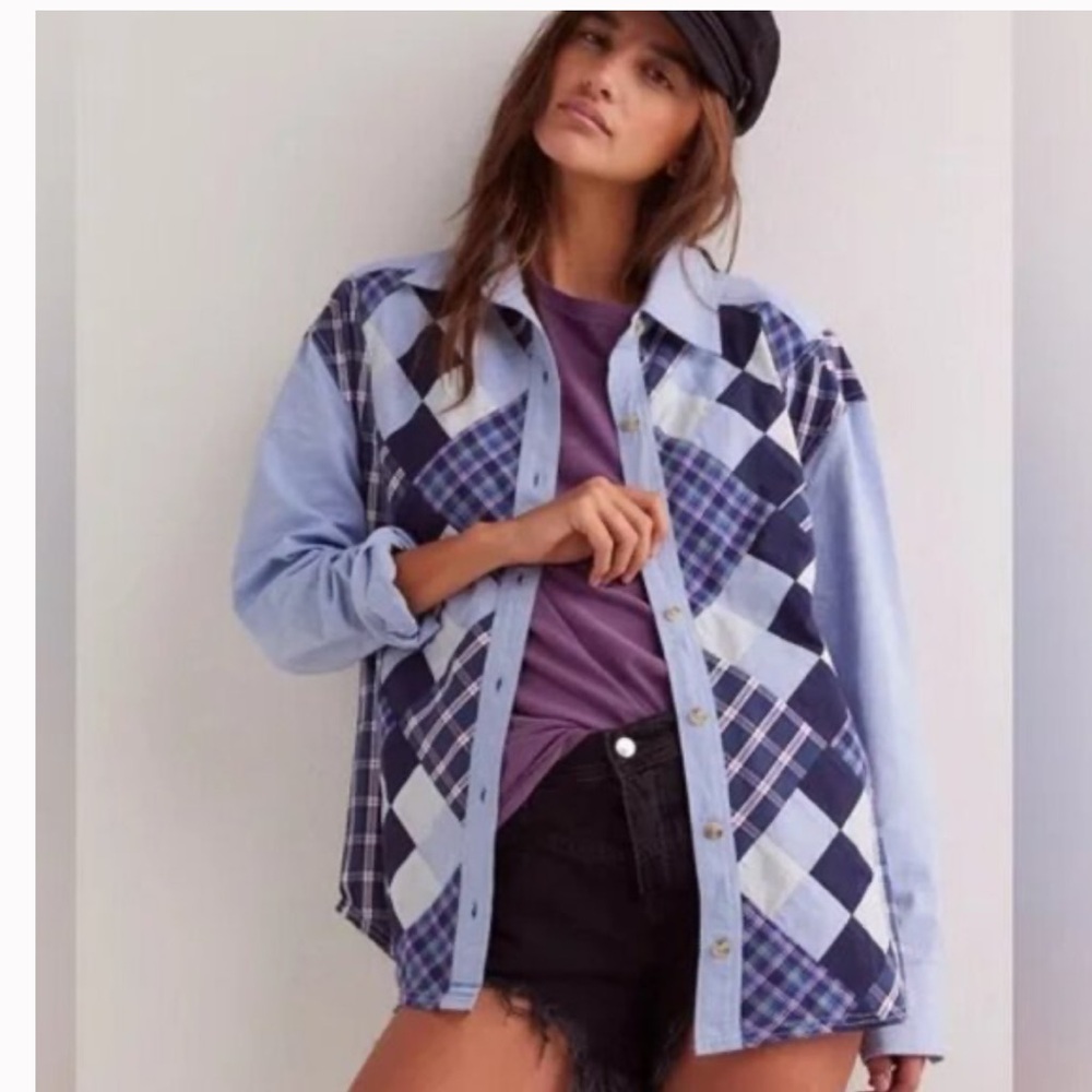 Free People We The Free Arqyle Plaid Shirt Oversized Preppy Button Down